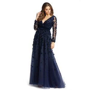 Mac Duggal Long Sleeve A-line Gown Dress 3D Floral Accents